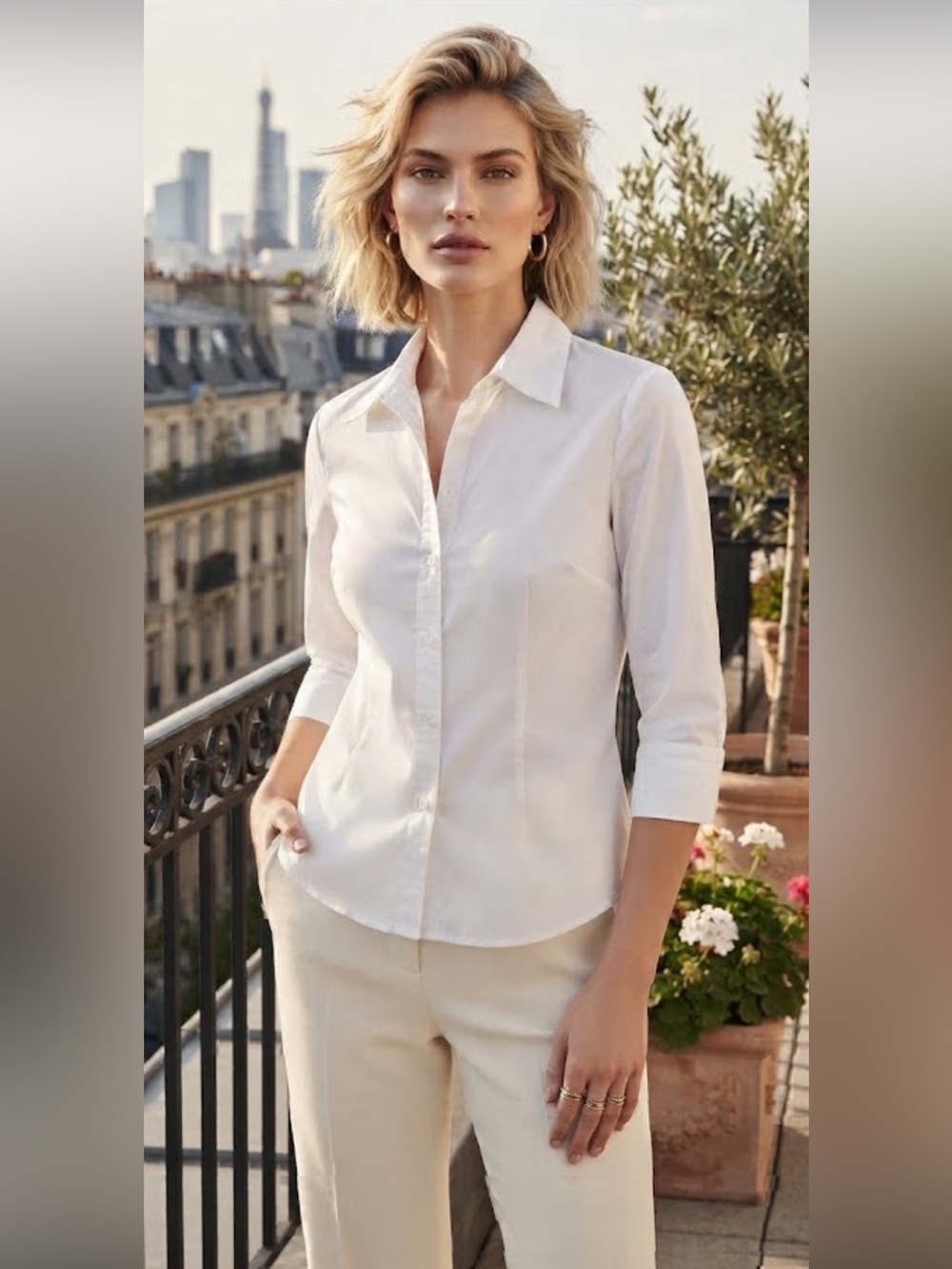Vintage Kim Rogers white 3/4 sleeve cotton blouse